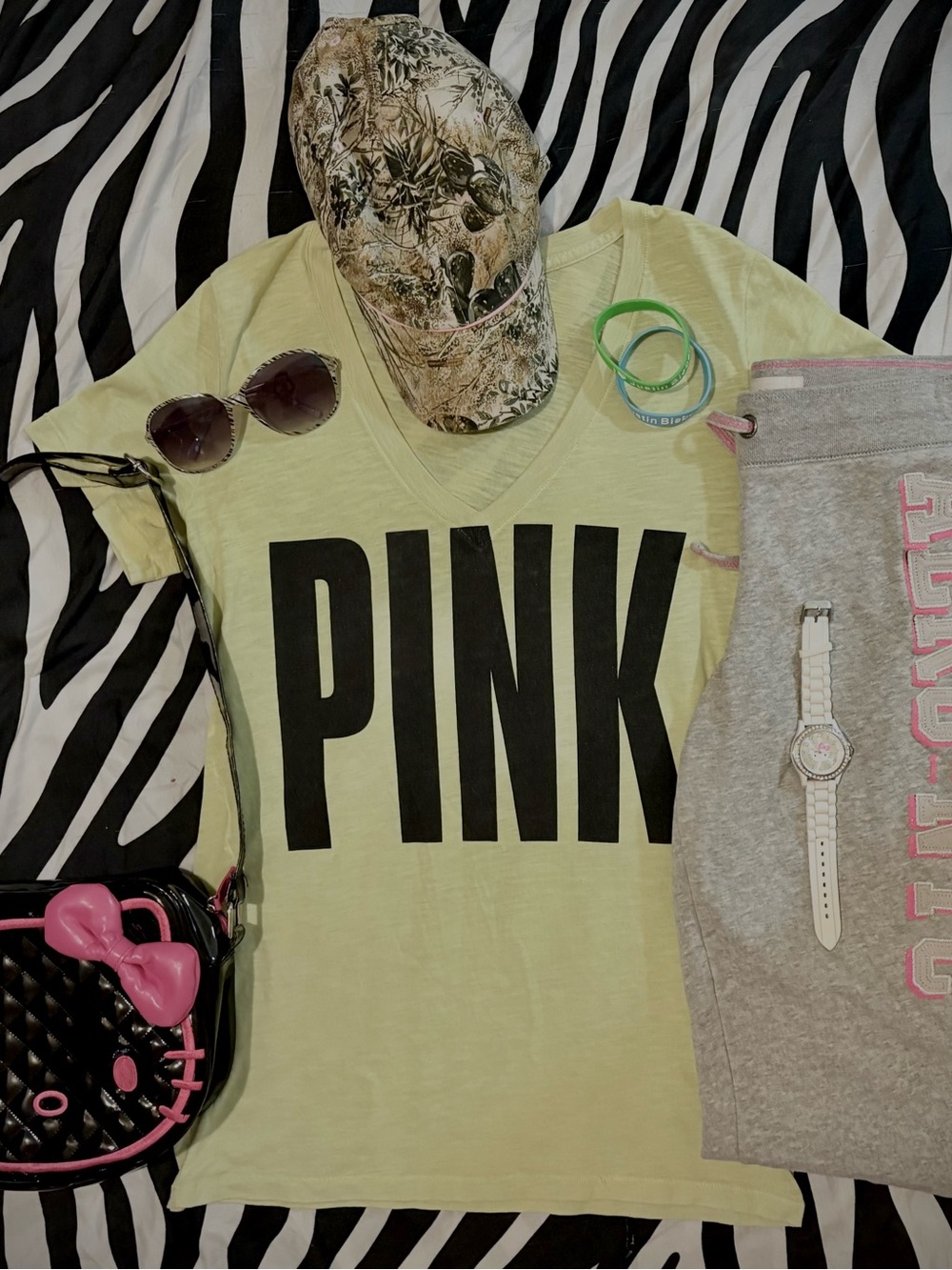 PINK Victoria's Secret Women's Greenish yellow V-Neck Tee
